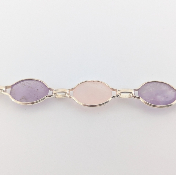 Vintage '90s Amethyst & Rose Quartz Cabochon Linked Sterling Silver Bracelet - Picture 10 of 15